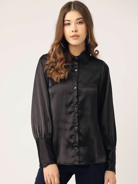 

Antheaa Women Black Satin Finish Regular Fit Solid Party Shirt