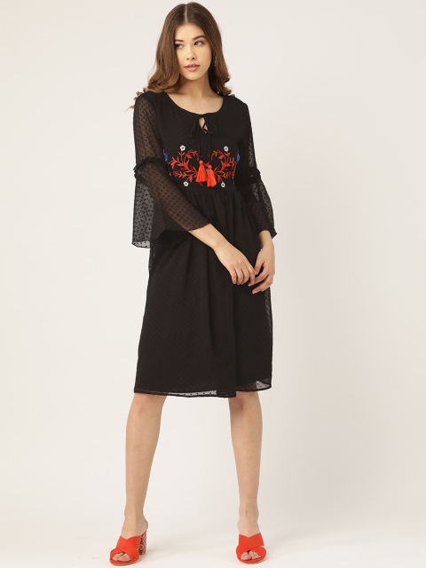 

Antheaa Women Black Dobby Weave A-Line Dress