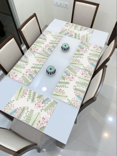 

HOKIPO Set of 6 Off-White & Pink Floral Printed Reversible Table Mats