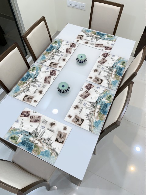 

HOKIPO Set of 6 White & Blue Printed Reversible Table Mats