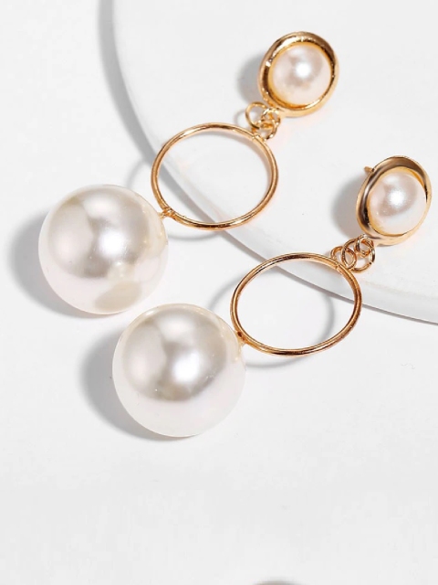 

OOMPH White & Gold-Toned Handcrafted Pearl Studded Circular Drop Earrings