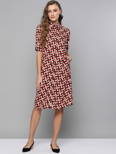 

Femella Women Rust Red & Peach-Coloured Printed Shirt Dress