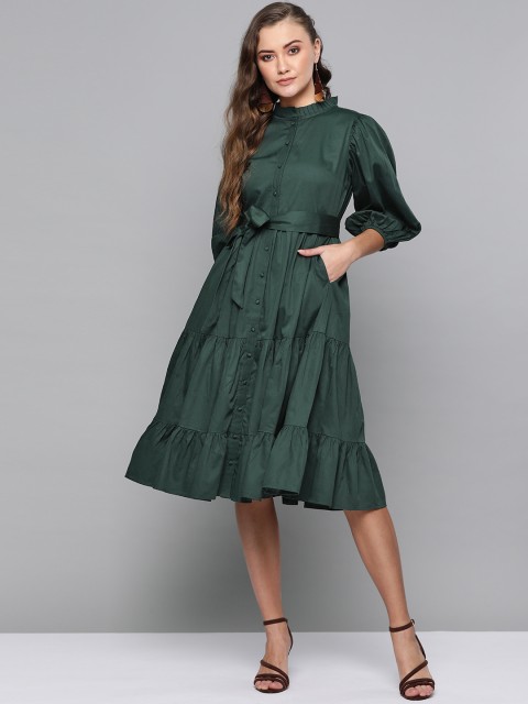 

Femella Women Green Solid Tiered A-Line Dress