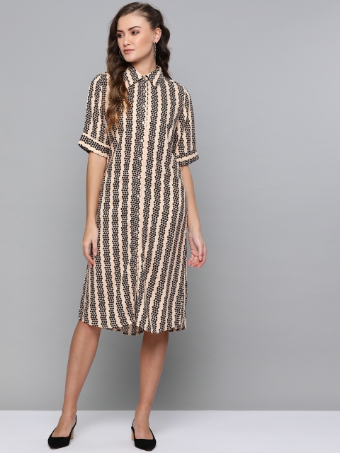 

Femella Women Beige & Black Printed Shirt Dress