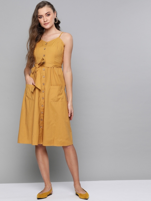 

Femella Women Mustard Yellow Solid A-Line Dress