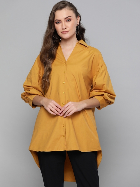 

Femella Women Mustard Yellow Longline Regular Fit High-Low Solid Casual Shirt
