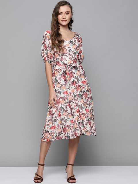 

Femella Women Off-White & Pink Printed A-Line Dress