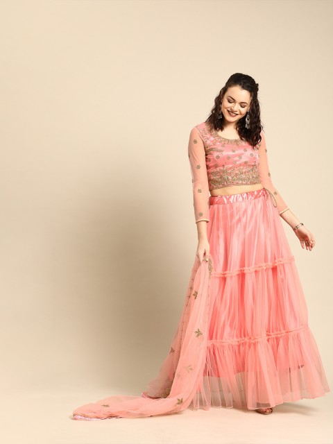 

Tikhi Imli Coral Pink Embroidered Unstitched Net Frill Tiered Lehenga Choli Set
