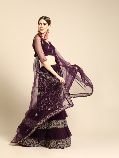 

Tikhi Imli Burgundy Embroidered Unstitched Net Ruffle & Tiered Lehenga Choli with Dupatta