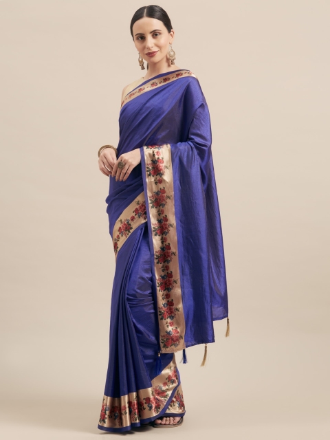 

Aasvaa Blue Solid Poly Silk Saree