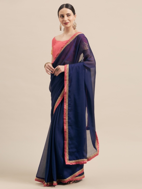 

Aasvaa Navy Blue Solid Pure Chiffon Saree