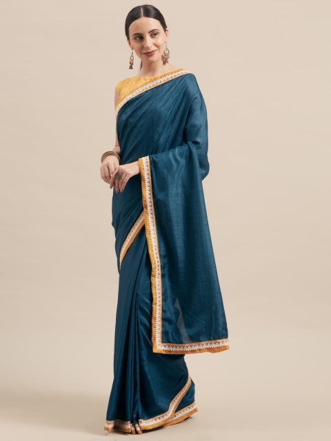

Aasvaa Teal Blue Solid Poly Silk Saree