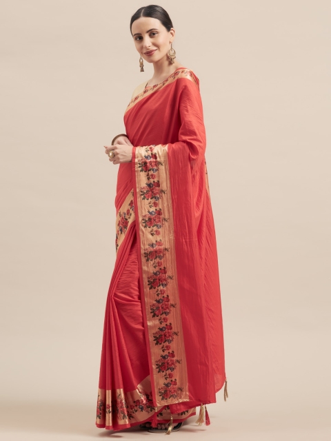

Aasvaa Red Solid Poly Silk Saree