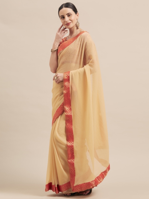 

Aasvaa Beige Solid Poly Chiffon Saree