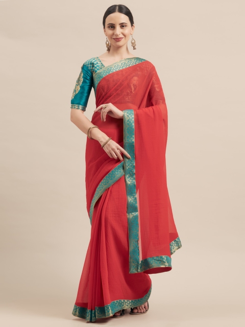 

Aasvaa Red Solid Poly Chiffon Saree