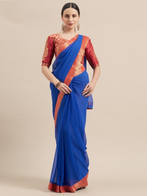 

Aasvaa Blue Solid Poly Chiffon Saree