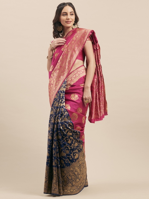 

Aasvaa Pink & Navy Blue Woven Design Poly Cotton Half & Half Saree
