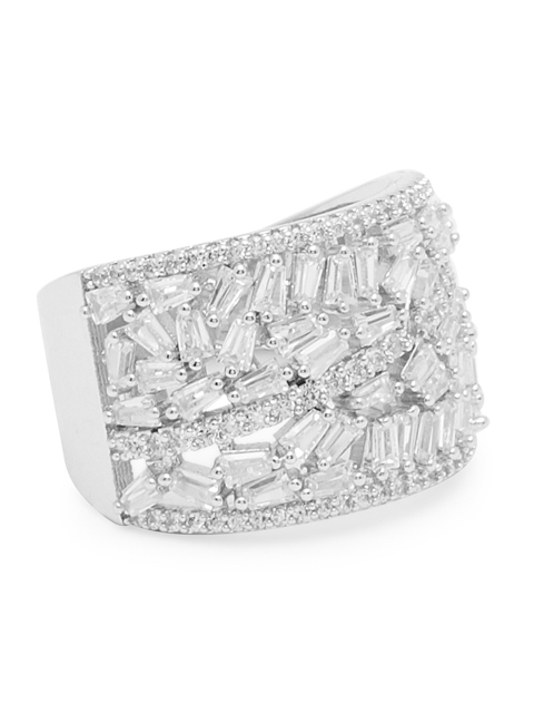 

shaze Silver-Plated & White CZ Studded Taper-Stone Finger Ring