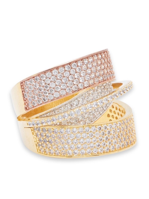 

shaze Gold-Plated & White CZ-Studded Triplet Finger Ring