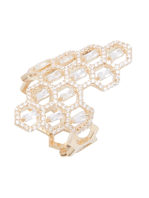 

shaze Gold-Plated & White CZ-Studded Honeycomb Finger Ring