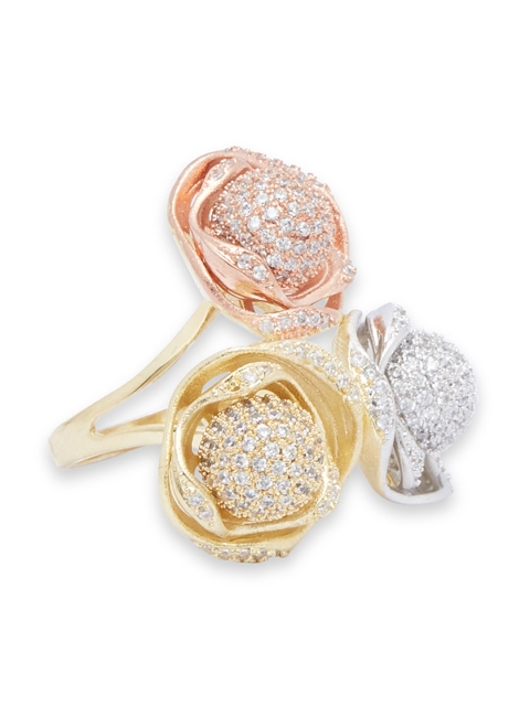 

shaze Gold-Toned & Silver-Toned CZ-Studded Rosy Petal Finger Ring