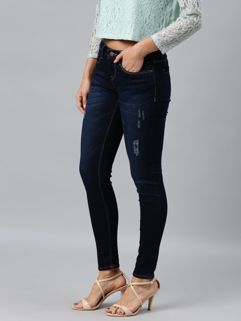 

HERE&NOW Women Blue Skinny Fit Mid-Rise Low Distress Stretchable Jeans