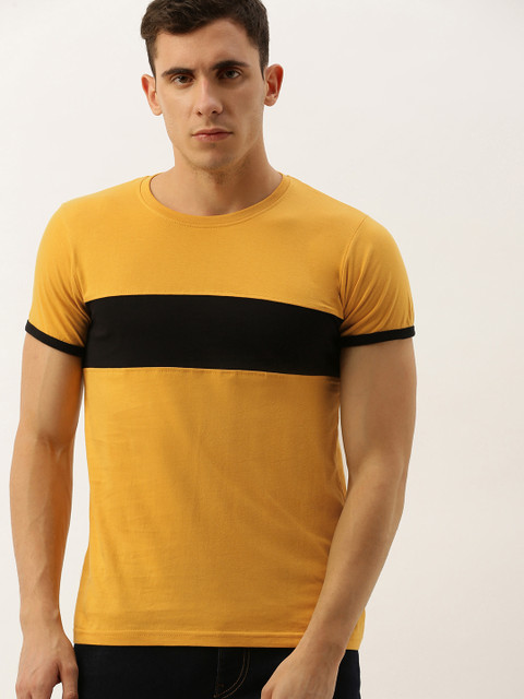 

DILLINGER Men Mustard Yellow Black Colourblocked Round Neck Pure Cotton T-shirt