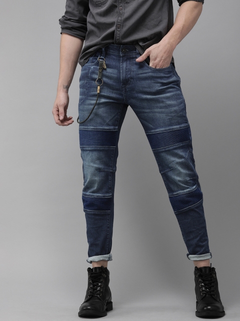 

Roadster Men Blue Carrot Fit Mid-Rise Stretchable Biker Jeans with Articulated Knee Darts