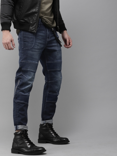 

Roadster Men Blue Carrot Fit Mid-Rise Stretchable Biker Jeans with Articulated Knee Darts