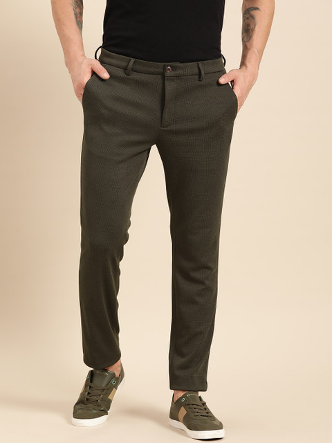 

United Colors of Benetton Men Olive Green & Black Tailored Slim Fit Checked Trousers