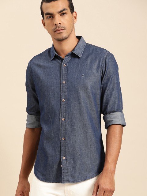 

United Colors of Benetton Men Navy Blue Chambray Slim Fit Solid Casual Shirt