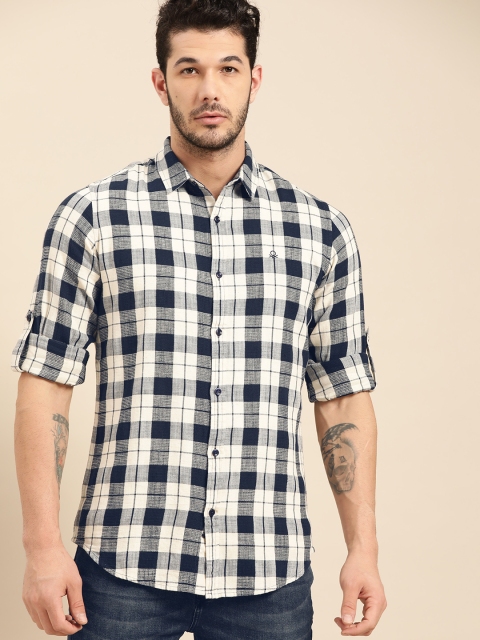 

United Colors of Benetton Men Navy Blue & White Slim Fit Checked Casual Shirt