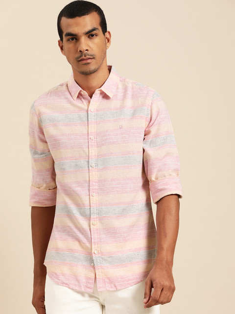 

United Colors of Benetton Men Pink & Charcoal Grey Regular Fit Striped Casual Shirt