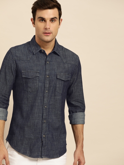 

United Colors of Benetton Men Navy Blue Slim Fit Solid Casual Denim Shirt