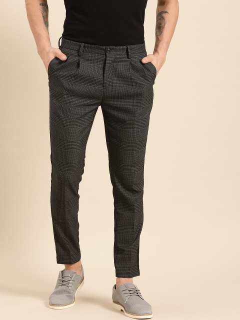 

United Colors of Benetton Men Charcoal Grey & Black Cropped Fit Checked Trousers