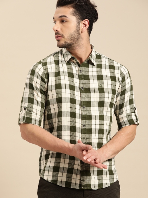 United Colors of Benetton Men Olive Green & Off-White Slim Fit Checked Casual Shirt