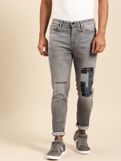 

United Colors of Benetton Men Grey Cropped Fit Low-Rise Slash Knee Stretchable Jeans