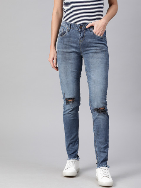

HERE&NOW Women Blue Skinny Fit Mid-Rise Slash Knee Stretchable Jeans