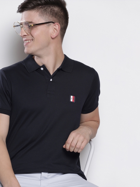 

Tommy Hilfiger Men Navy Blue Slim Fit Solid Polo Collar Pure Cotton T-shirt