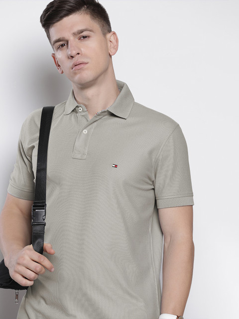 

Tommy Hilfiger Men Grey Solid Polo Collar Pure Cotton T-shirt