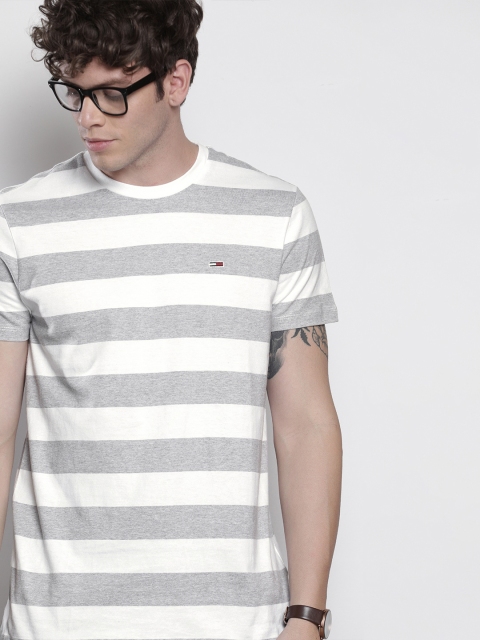 

Tommy Hilfiger Men White Grey Melange Slim Fit Striped Round Neck Pure Cotton T-shirt