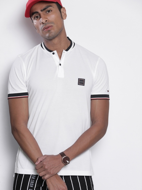 

Tommy Hilfiger Men White Solid Mandarin Collar Pure Cotton T-shirt