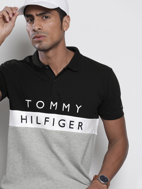 

Tommy Hilfiger Men Grey & Black Regular Fit Colourblocked Polo Collar T-shirt