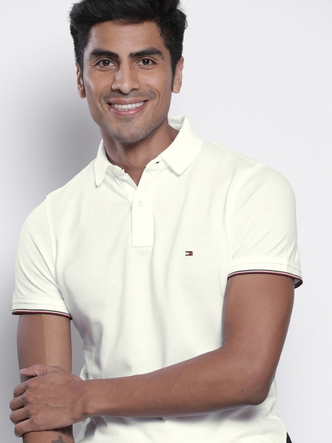 

Tommy Hilfiger Men White Slim Fit Solid Polo Collar Pure Cotton T-shirt