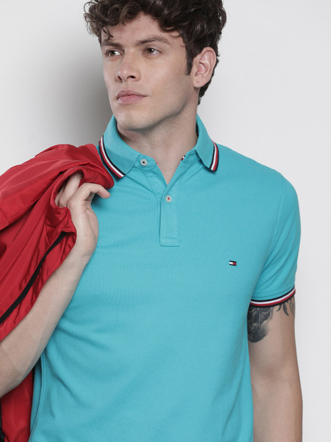 

Tommy Hilfiger Men Turquoise Blue Slim Fit Solid Polo Collar T-shirt