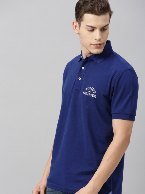 

Tommy Hilfiger Men Blue Solid Polo Collar Pure Cotton T-shirt with Embroidery