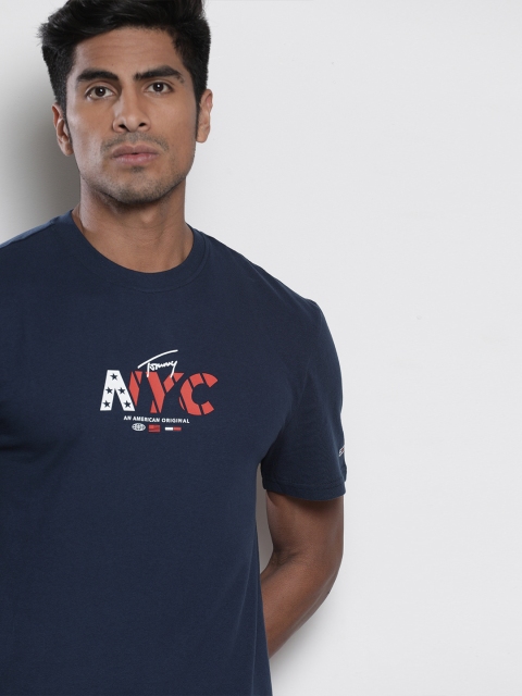 

Tommy Hilfiger Men Navy Blue Solid Round Neck T-shirt with Printed Detailing