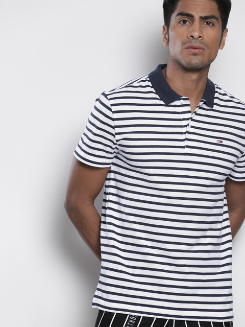 

Tommy Hilfiger Men White & Navy Blue Striped Polo Collar T-shirt