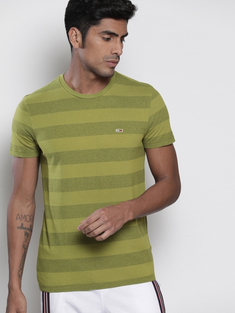 

Tommy Hilfiger Men Olive Green Slim Fit Striped Round Neck Pure Cotton T-shirt