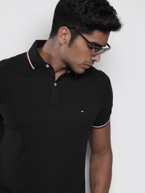 

Tommy Hilfiger Men Black Solid Slim Fit Polo Collar T-shirt